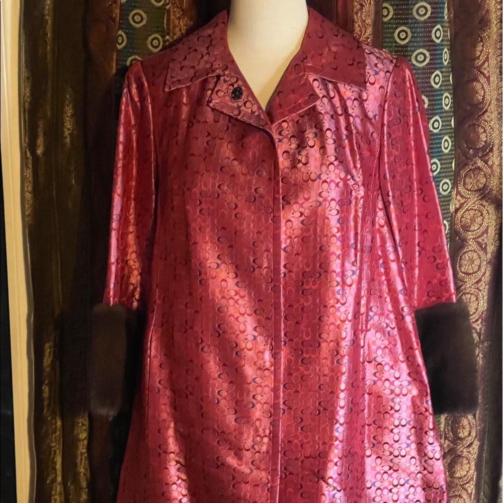COACH RARE 100% silk pink CC swing coat with mink cuffs.